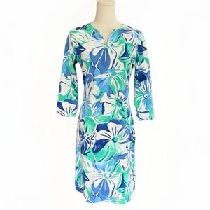 J. McLaughlin Sheath Dress Sz S Blue Green Flower Print Spring Summer Tropical